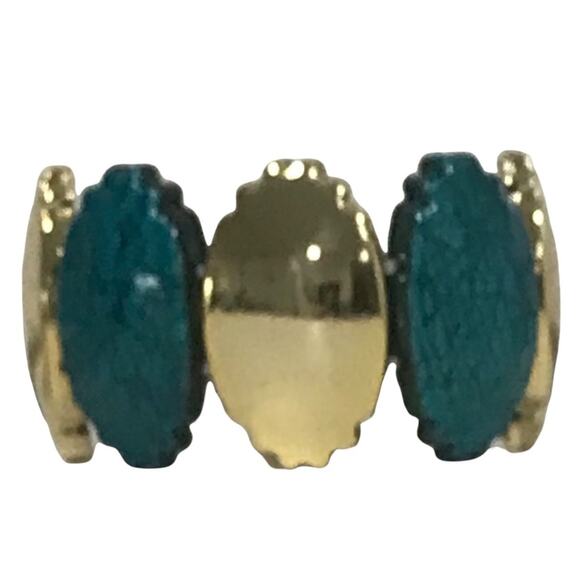 Costume Jewelry Stretch Bracelet Alternating Shiny Gold & Turquoise 1 5/8” Wide - Picture 1 of 5